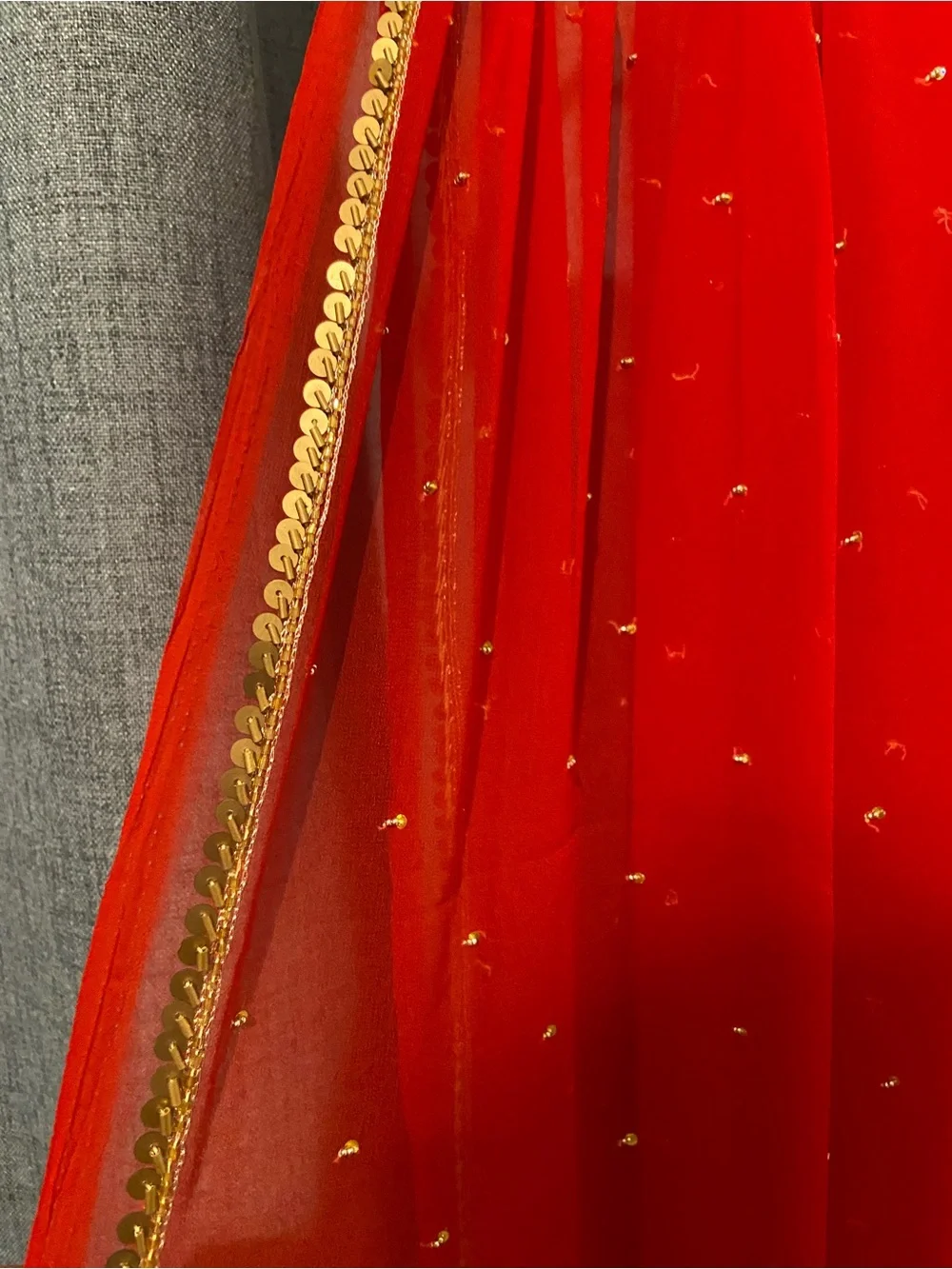 Vintage Red Embellished Indian Women’s Scarf Dupatta Shawl Veil with Gold Trim